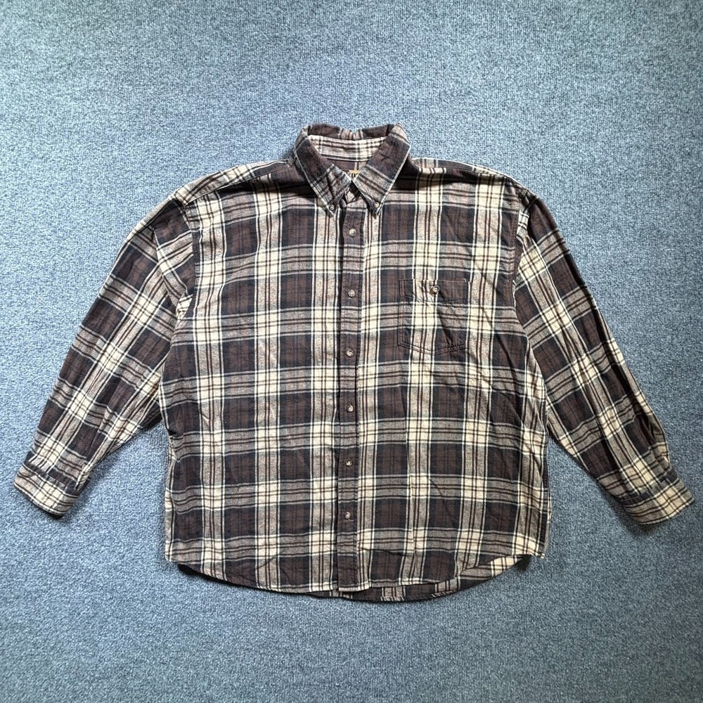 Brazos Button-Down Shirt Men's 3XL Brown Cotton Plaid Cowboy Workwear Travel